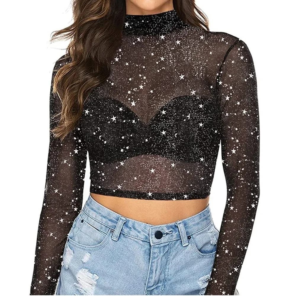 MangoPop Black Star Print Mesh Crop Top Long Sleeve Mock Neck Metallic XL NWT